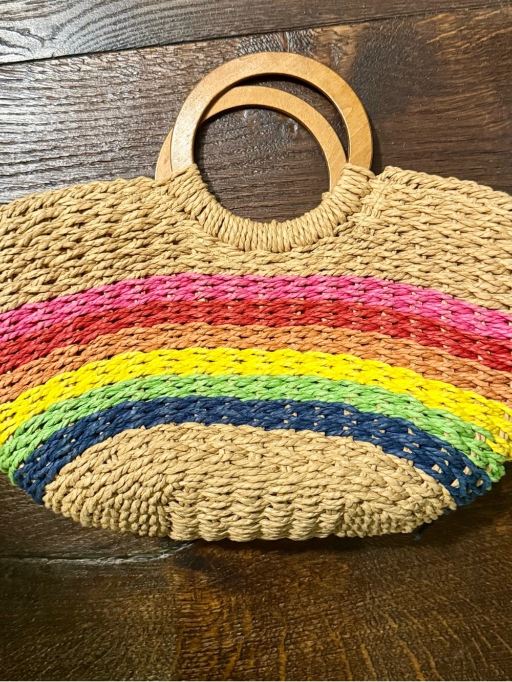 Woven Straw Rainbow Accent Tote Bag with Wooden Handles